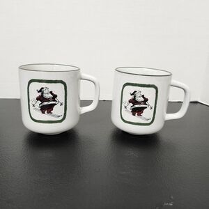 Hearth & Hand White Ceramic Mugs with Skiing Santa Design (Pair)